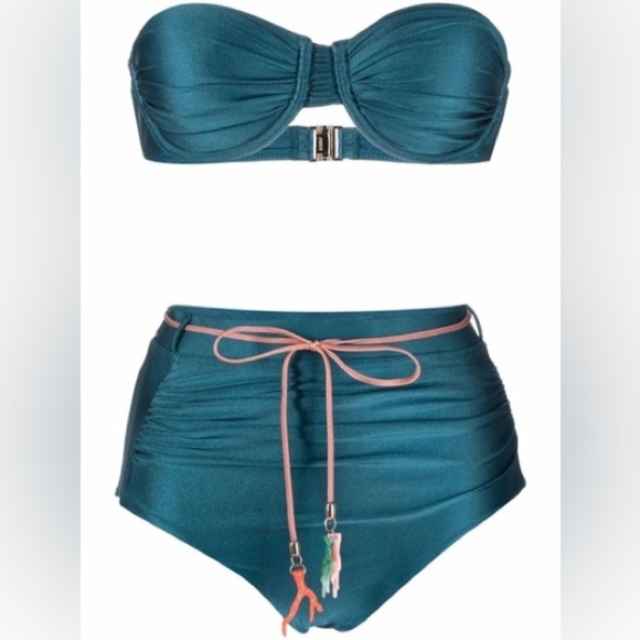 NWT Zimmerman Cassia Gathered Bikini Bottoms in Teal belted sz 4 / 6 - Picture 8 of 13